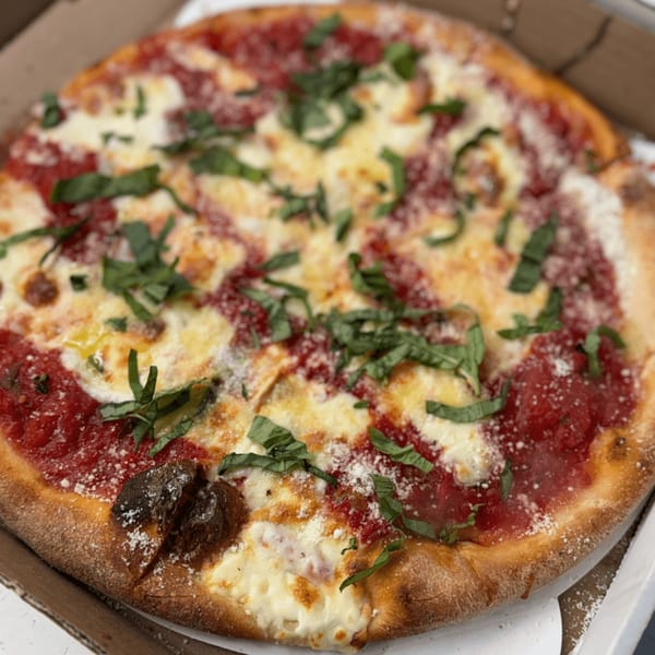 A whole round pizza with red sauce, melted white cheese, and fresh green basil in a cardboard box.