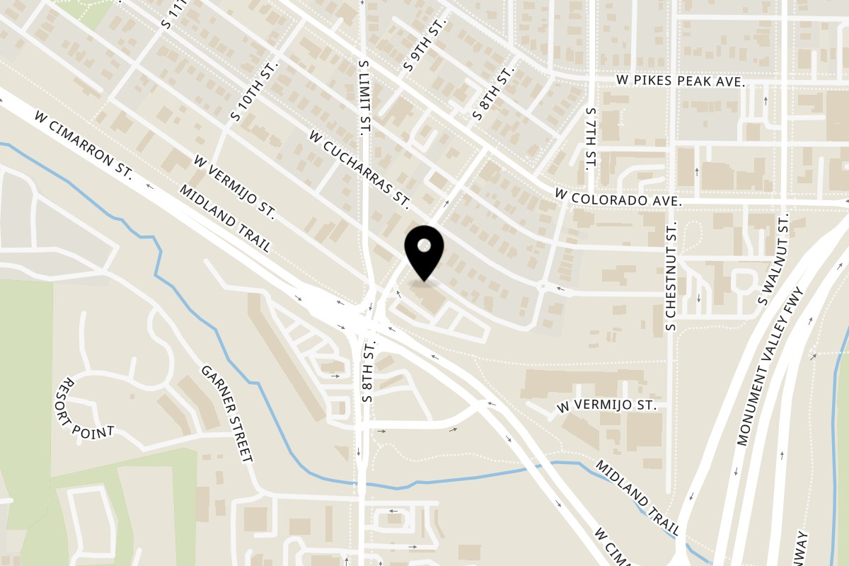 Map showing the location of Joey's New York Pizza Red Rock Pizzeria (Joeys NY Pizza 8th st) on 227 S 8th street in Colorado Springs