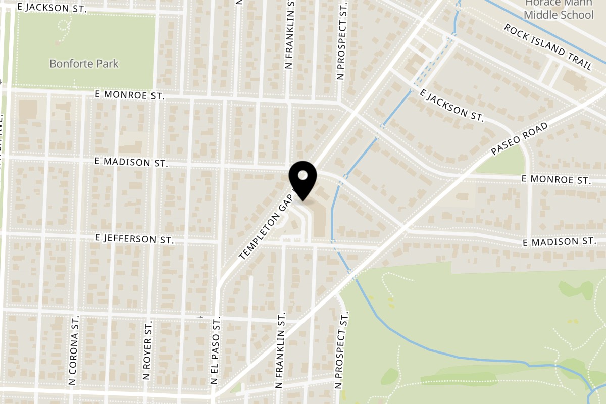 Map showing the location of Joey's New York Pizza Templeton on 2123 Templeton Gap Rd in Colorado Springs